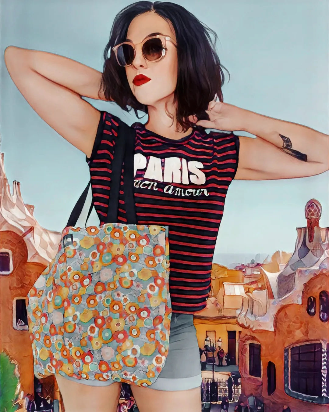 Grand tote bag Les RoQuettes Modèle Flowers en tissu imprimé fleurs psychédéliques et doublure blanc cassé