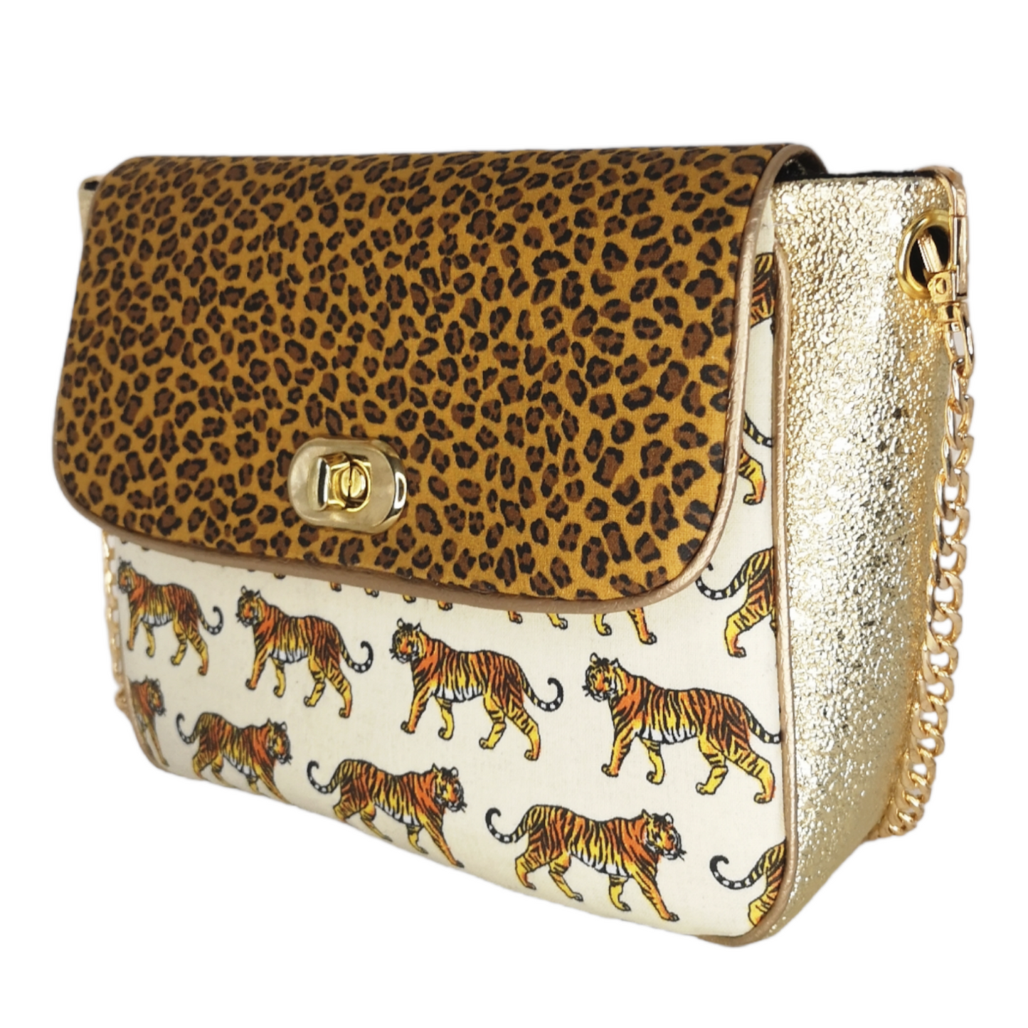 Sac à main bandoulière chaîne doré Les RoQuettes
Modèle Léo tiger pour un look glamrock et chic.
Sac à main à rabat motif léopard, base motif tigre et simili cuir doré.
Muni d'un fermoir tourniquet doré et d'une chaîne doré bandouilère amovible.