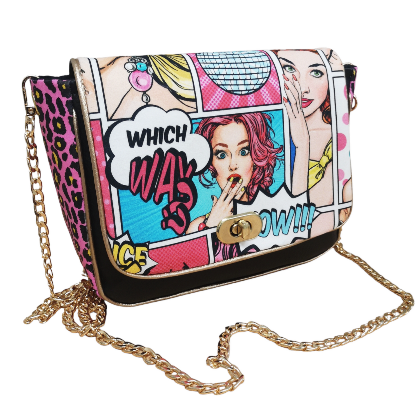 Sac à main à rabat motif pop art comics vintage pin-up, léopard fuchsia et simili noir. Muni d'un fermoir tourniquet doré et d'une chaîne doré bandoulière amovible