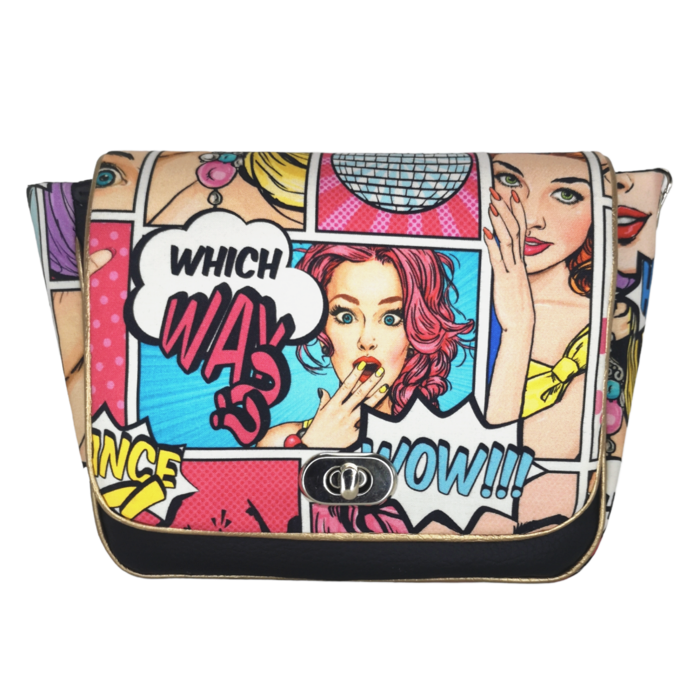 Sac à main à rabat motif comics, pop art vintage pin-up et simili noir. Muni d'un fermoir tourniquet argent et d'une chaîne argent bandouilère amovible.