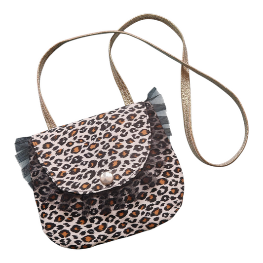 Sac bandoulière artisanal pour petite fille modèle Bonnie, imprimé léopard et oreilles en tulle noir sur fond blanc.