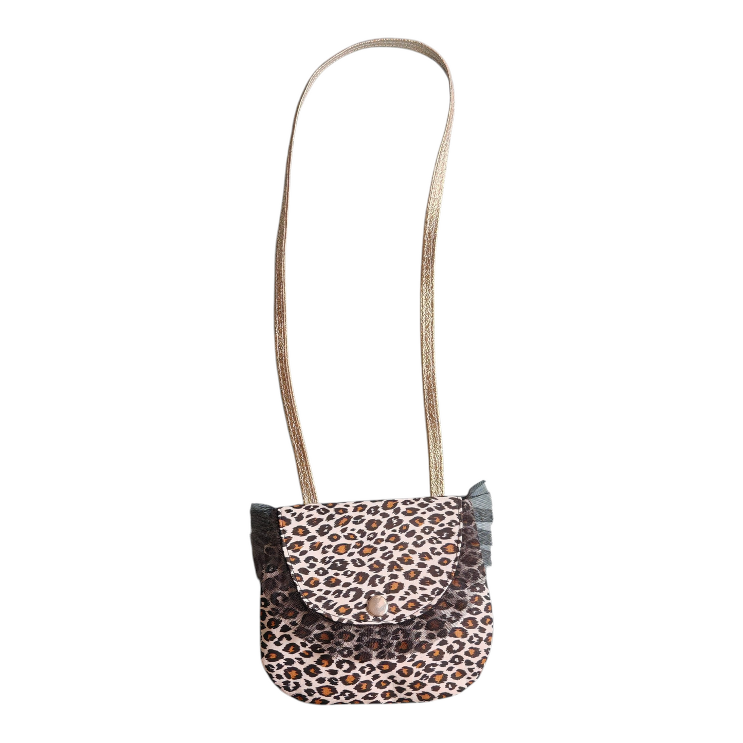 Sac bandoulière artisanal pour petite fille modèle Bonnie, imprimé léopard et oreilles en tulle noir sur fond blanc.