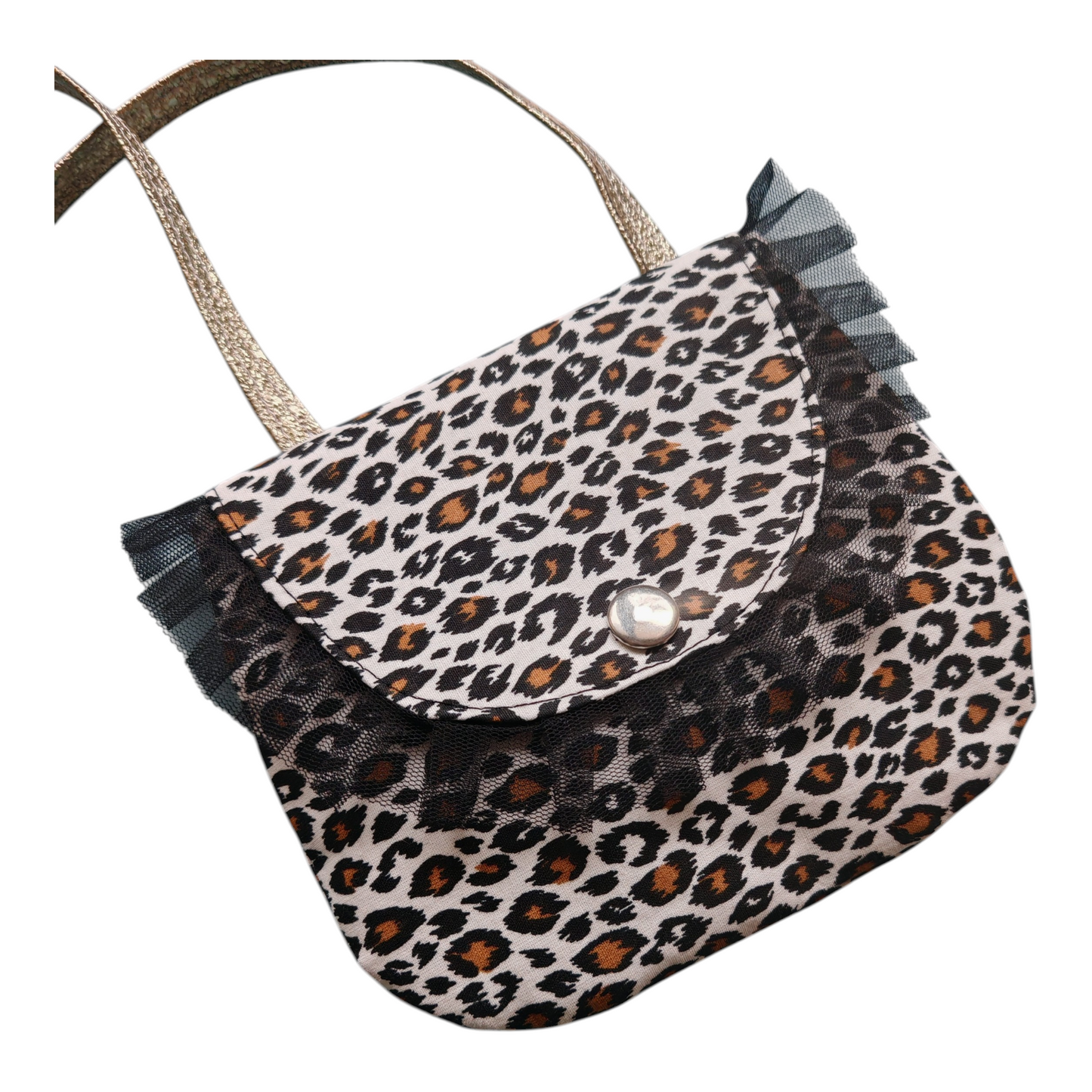 Sac bandoulière artisanal pour petite fille modèle Bonnie, imprimé léopard et oreilles en tulle noir sur fond blanc.