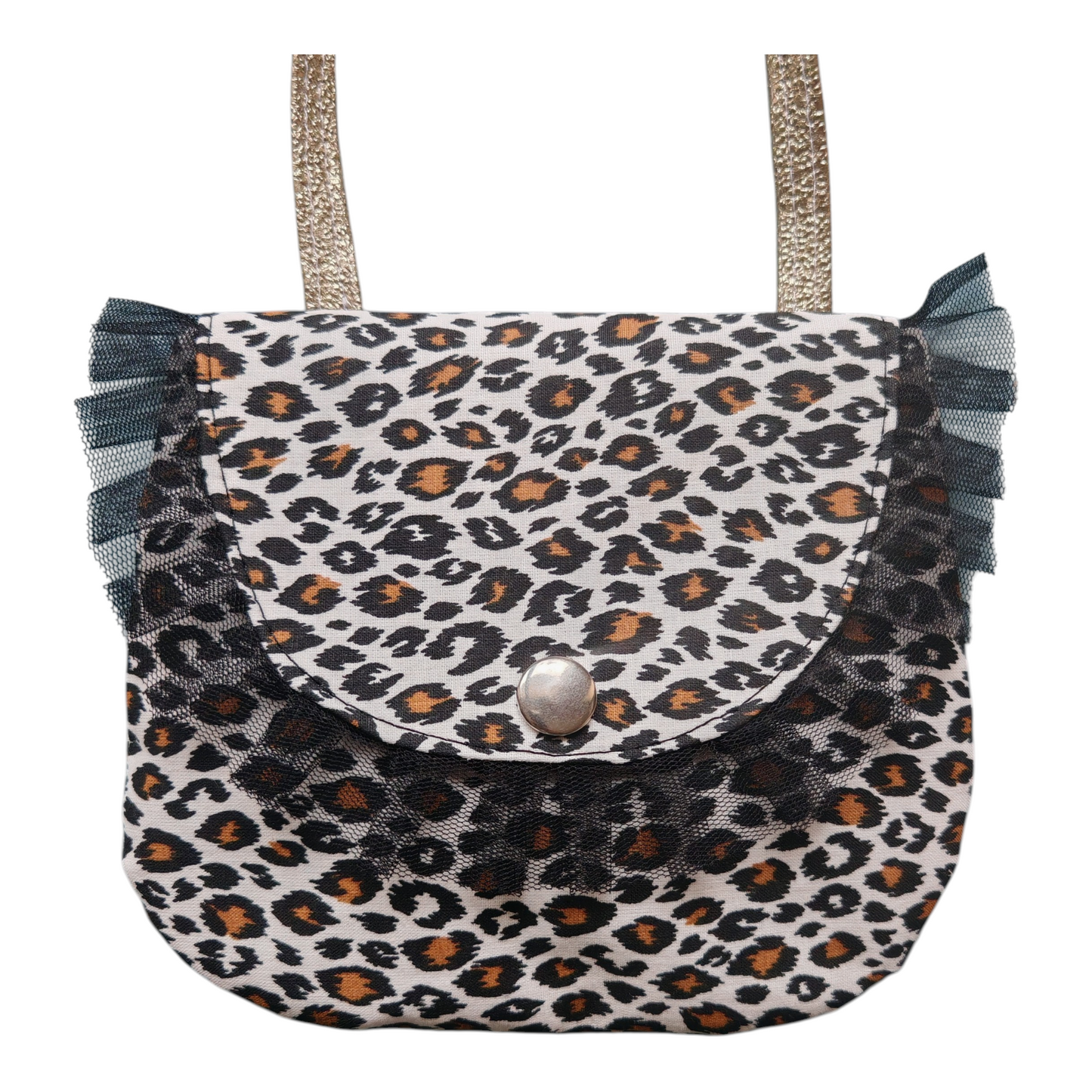 Sac bandoulière artisanal pour petite fille modèle Bonnie, imprimé léopard et oreilles en tulle noir sur fond blanc.