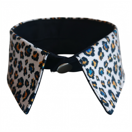 Col de chemise amovible motif léopard blanc, noir et bleu électrique avec bouton pression, création artisanale Les RoQuettes.
