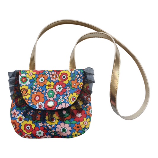 Petit sac à main bandoulière pour fille motif fleurs multicolores avec bordure en tulle noir