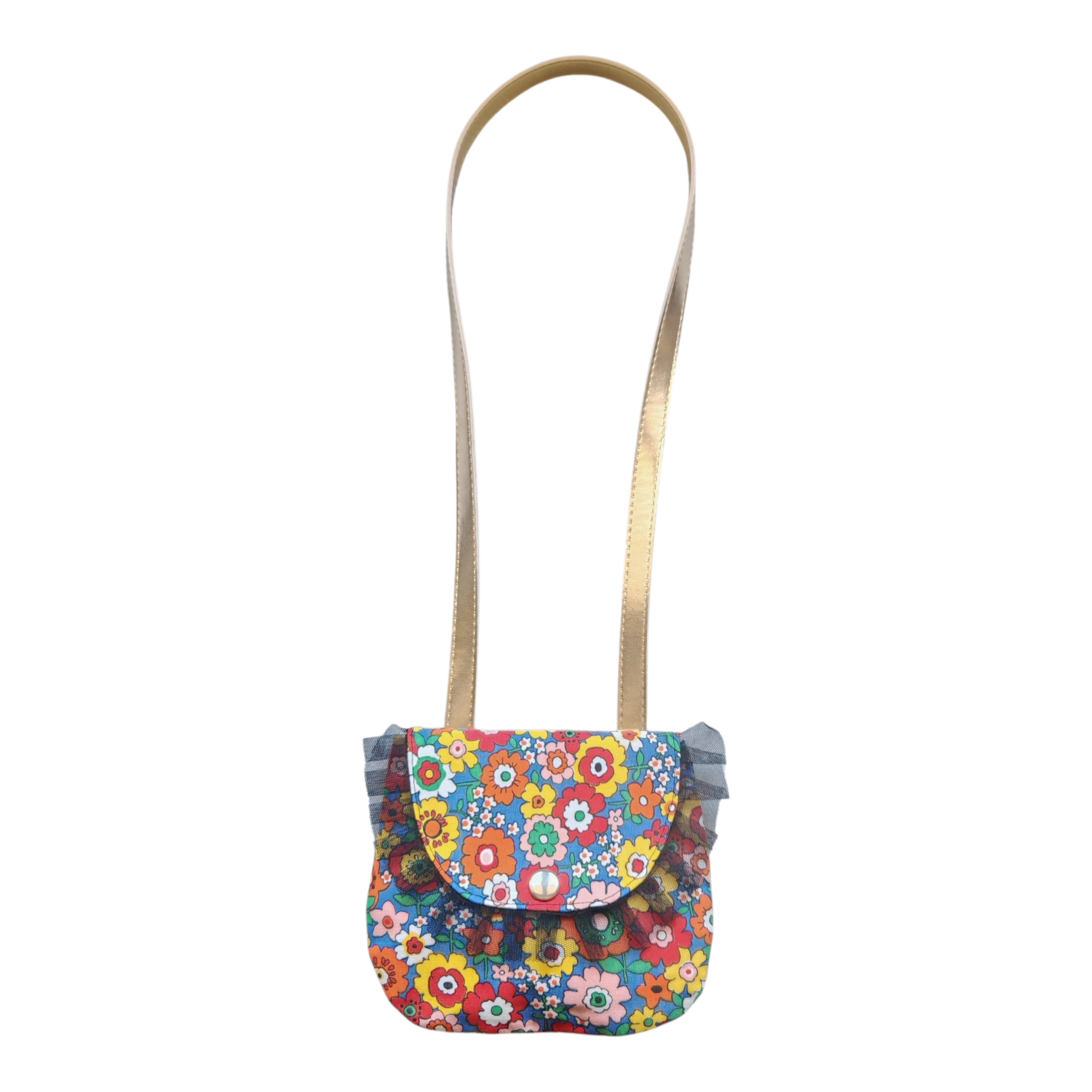 Petit sac à main bandoulière pour fille motif fleurs multicolores avec bordure en tulle noir