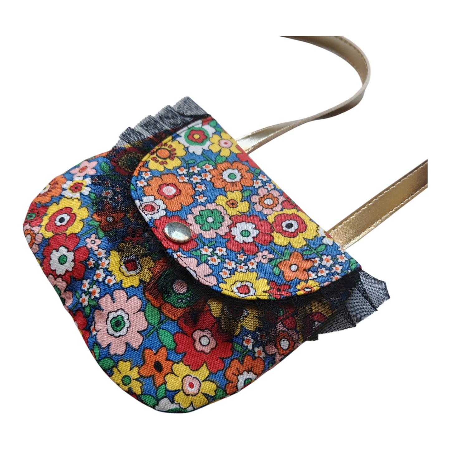 Petit sac à main bandoulière pour fille motif fleurs multicolores avec bordure en tulle noir