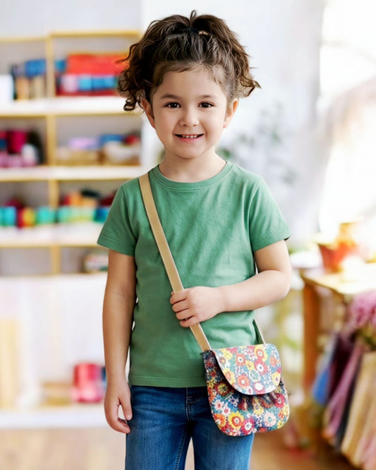 Petit sac à main bandoulière pour fille motif fleurs multicolores avec bordure en tulle noir