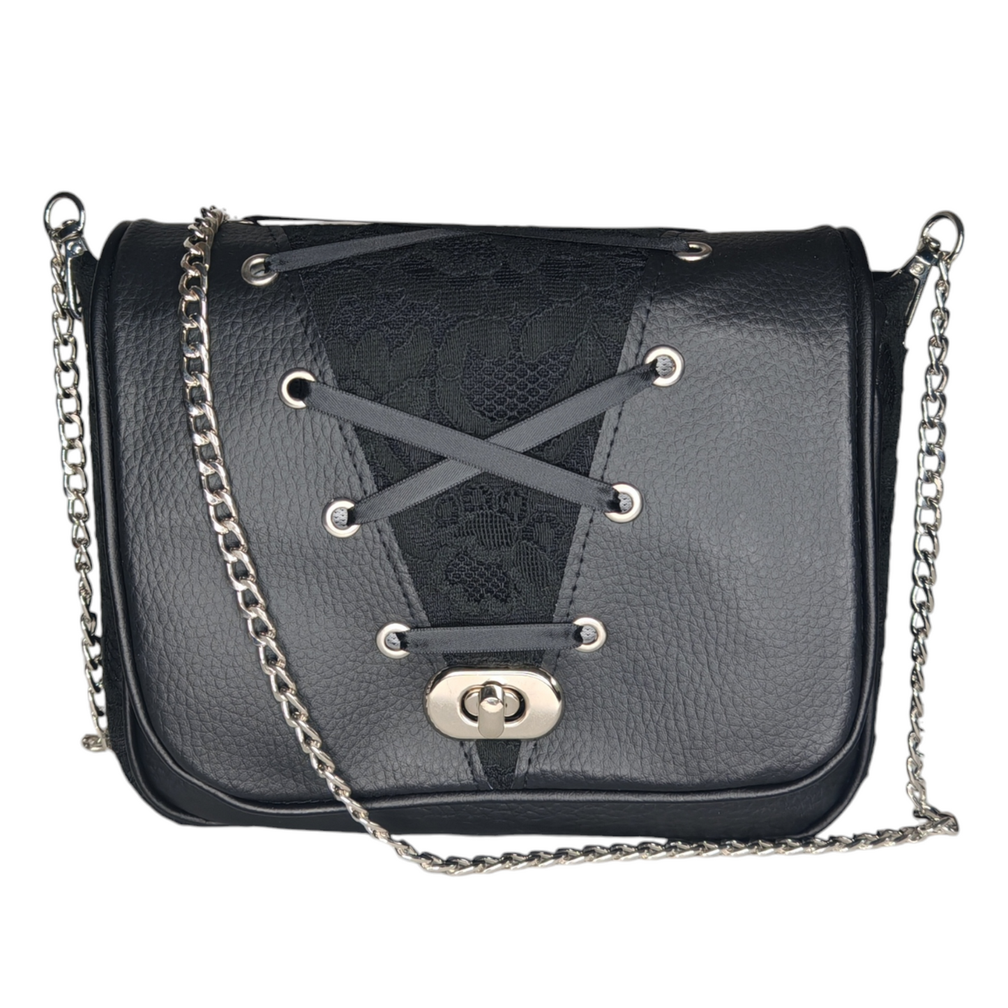 Sac à main bandoulière chaîne Les RoQuettes

 

Modèle DITA pour un style résolument pin-up, rockabilly, esprit lingerie.

 

Sac à main à rabat en dentelle noire, base décorée d'un empiècement noir en simili cuir et dentelle noire fixé par des oeuillets argent pour un effet corset.

 

Muni d'un fermoir tourniquet argent et d'une chaîne argent bandouilère amovible.