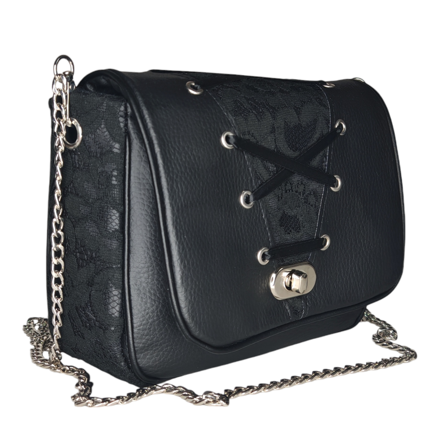 Sac à main bandoulière chaîne Les RoQuettes

 

Modèle DITA pour un style résolument pin-up, rockabilly, esprit lingerie.

 

Sac à main à rabat en dentelle noire, base décorée d'un empiècement noir en simili cuir et dentelle noire fixé par des oeuillets argent pour un effet corset.

 

Muni d'un fermoir tourniquet argent et d'une chaîne argent bandouilère amovible.