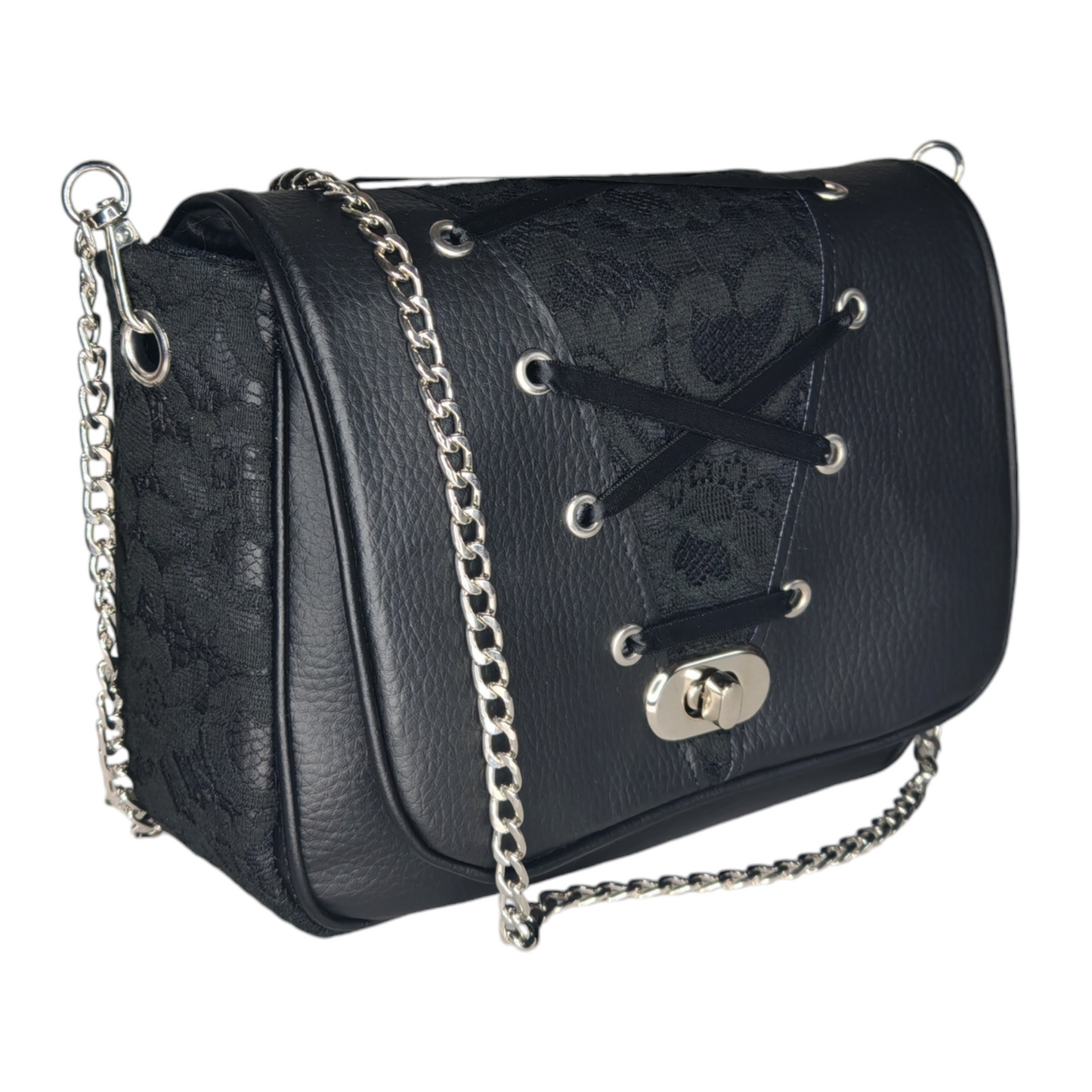 Sac à main bandoulière chaîne Les RoQuettes

 

Modèle DITA pour un style résolument pin-up, rockabilly, esprit lingerie.

 

Sac à main à rabat en dentelle noire, base décorée d'un empiècement noir en simili cuir et dentelle noire fixé par des oeuillets argent pour un effet corset.

 

Muni d'un fermoir tourniquet argent et d'une chaîne argent bandouilère amovible.