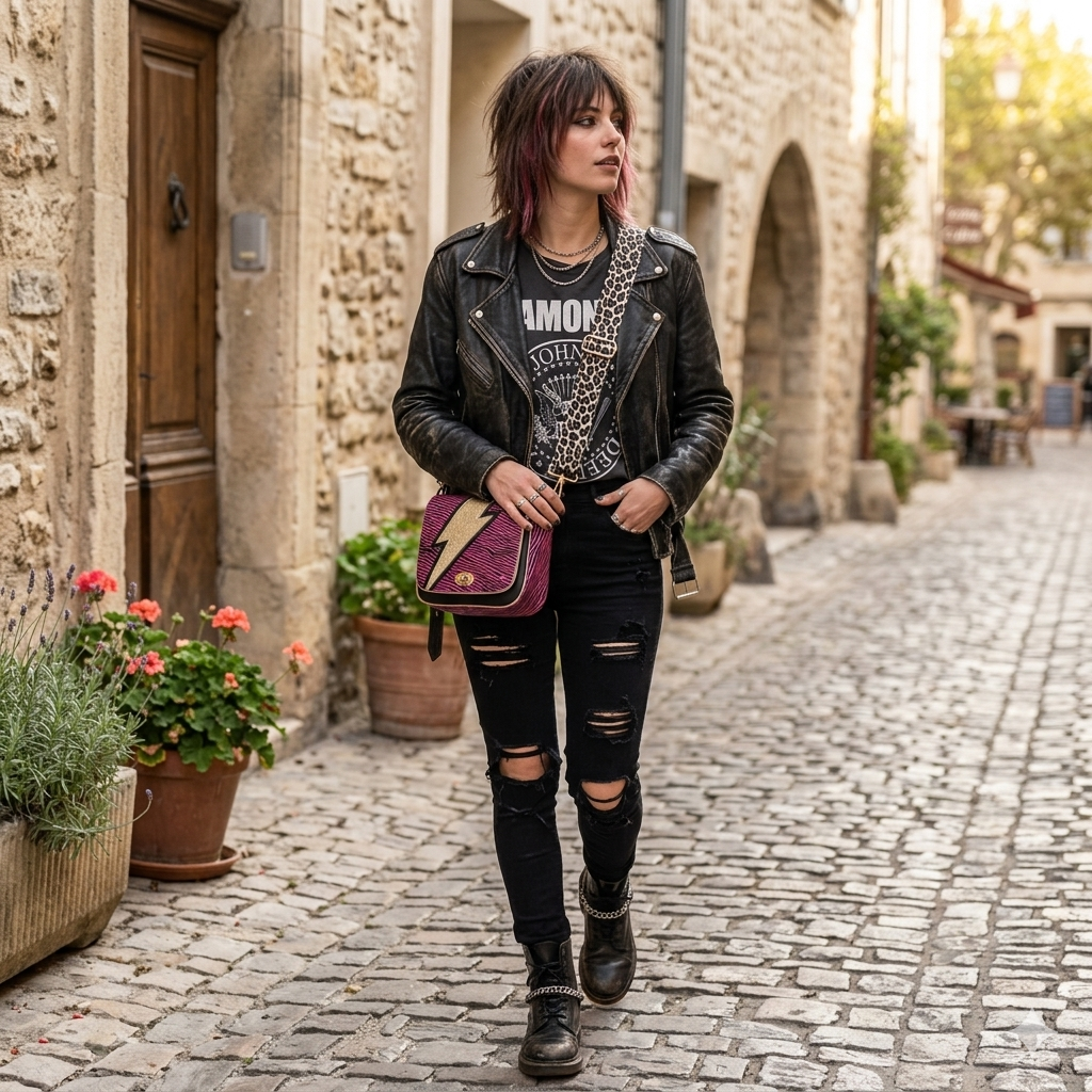 Sac à main bandoulière motif zébré rose fuchsia avec éclair doré, modèle Bowie rock fait main par Les RoQuettes.