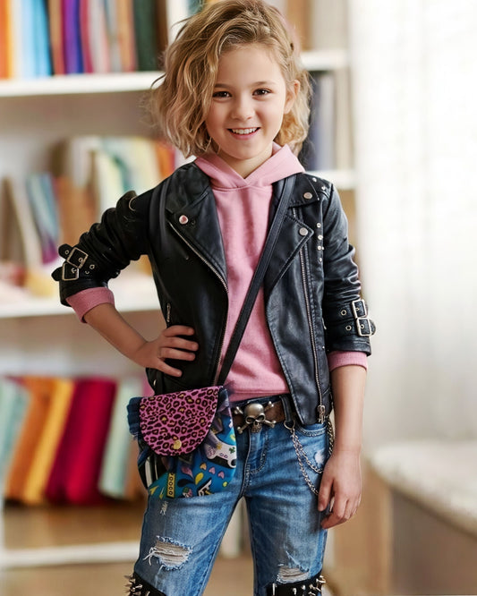 Sac bandoulière enfant motif pop art avec imprimés manettes de jeux vidéo, léopard rose et volant en tulle noir.
