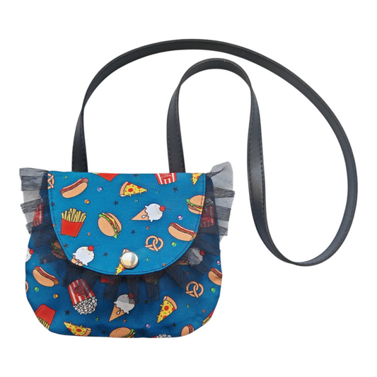 Petit sac bandoulière style rockabilly pour fille avec motifs vintage de burgers et pizzas.