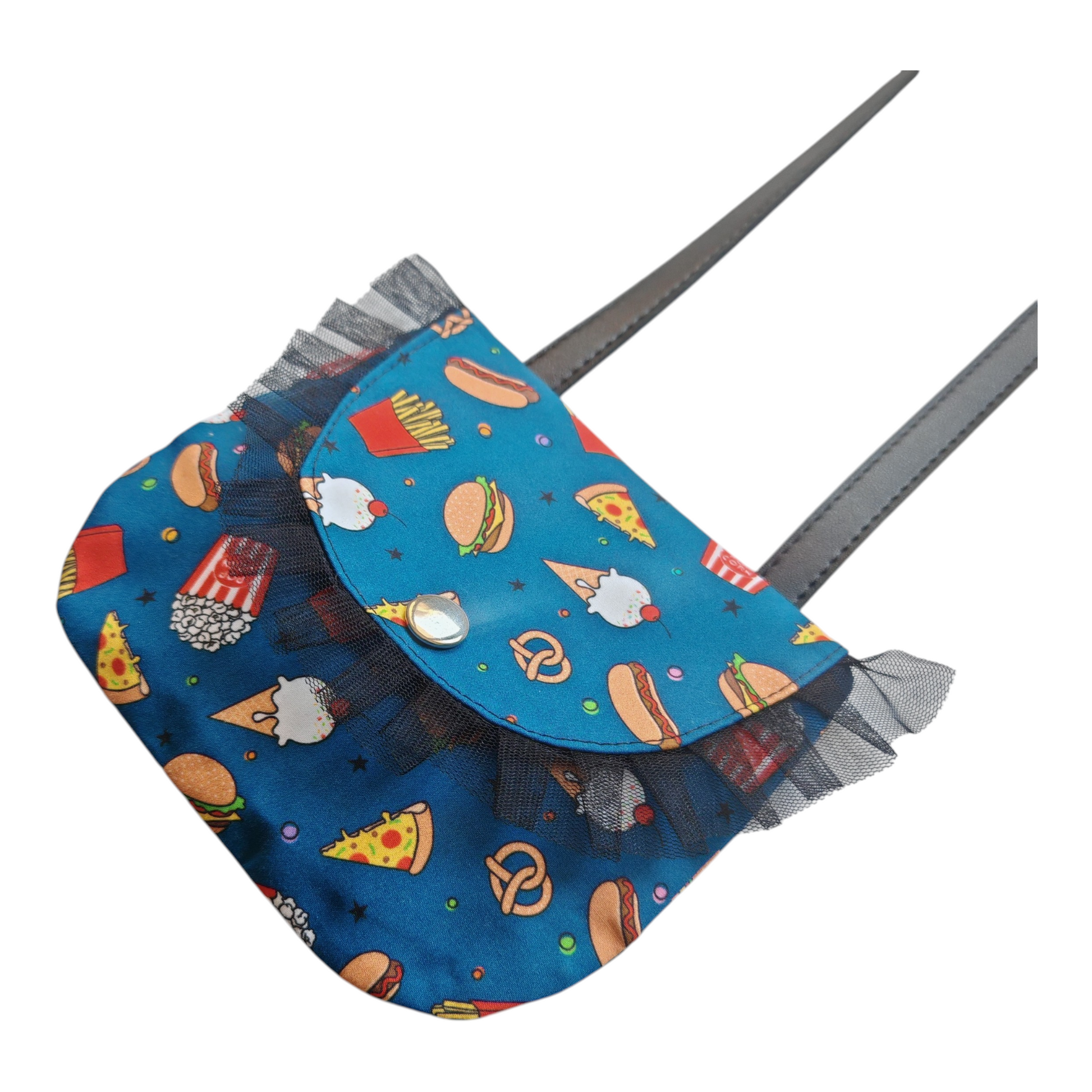 Petit sac bandoulière style rockabilly pour fille avec motifs vintage de burgers et pizzas.