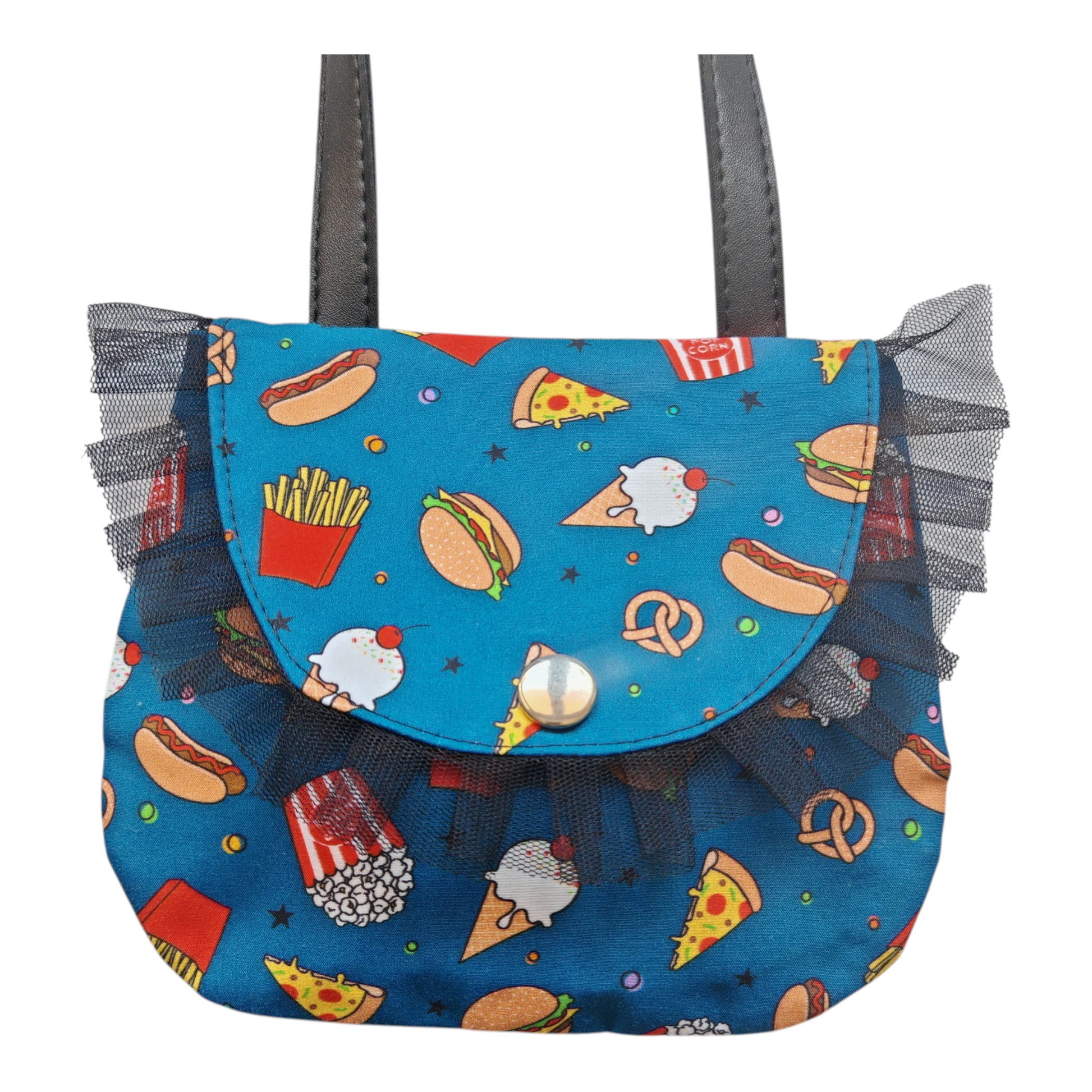 Petit sac bandoulière style rockabilly pour fille avec motifs vintage de burgers et pizzas.