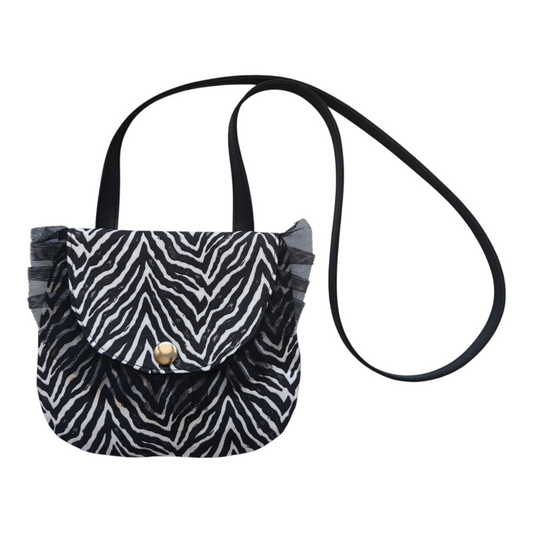 Petit sac bandoulière enfant motif zèbre noir et blanc avec volant en tulle noir, style rock artisanal.
