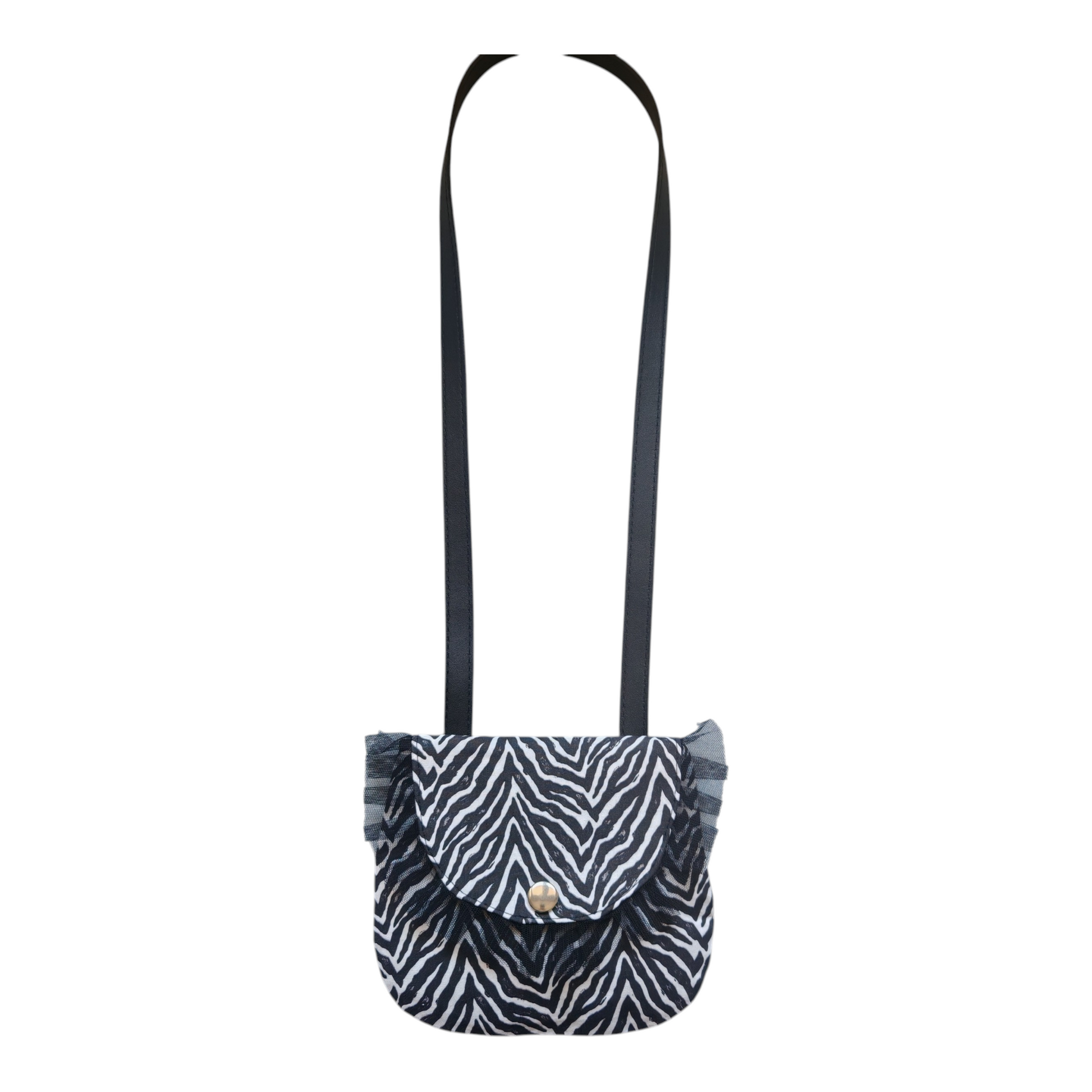 Petit sac bandoulière enfant motif zèbre noir et blanc avec volant en tulle noir, style rock artisanal.