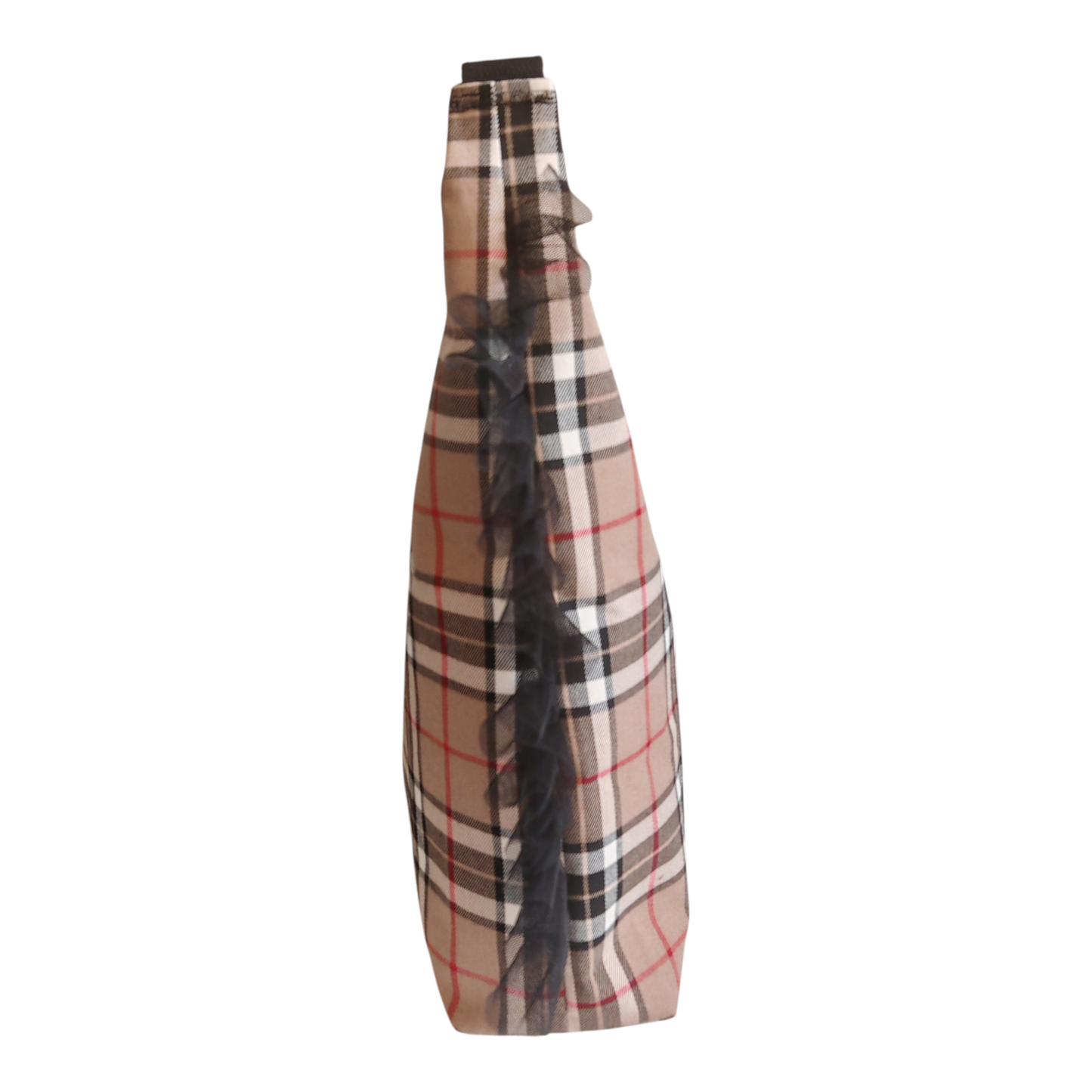 Sac à main hobo imprimé tartan beige avec visuel David Bowie upcyclé et volants en tulle noir, fait main par Les RoQuettes.