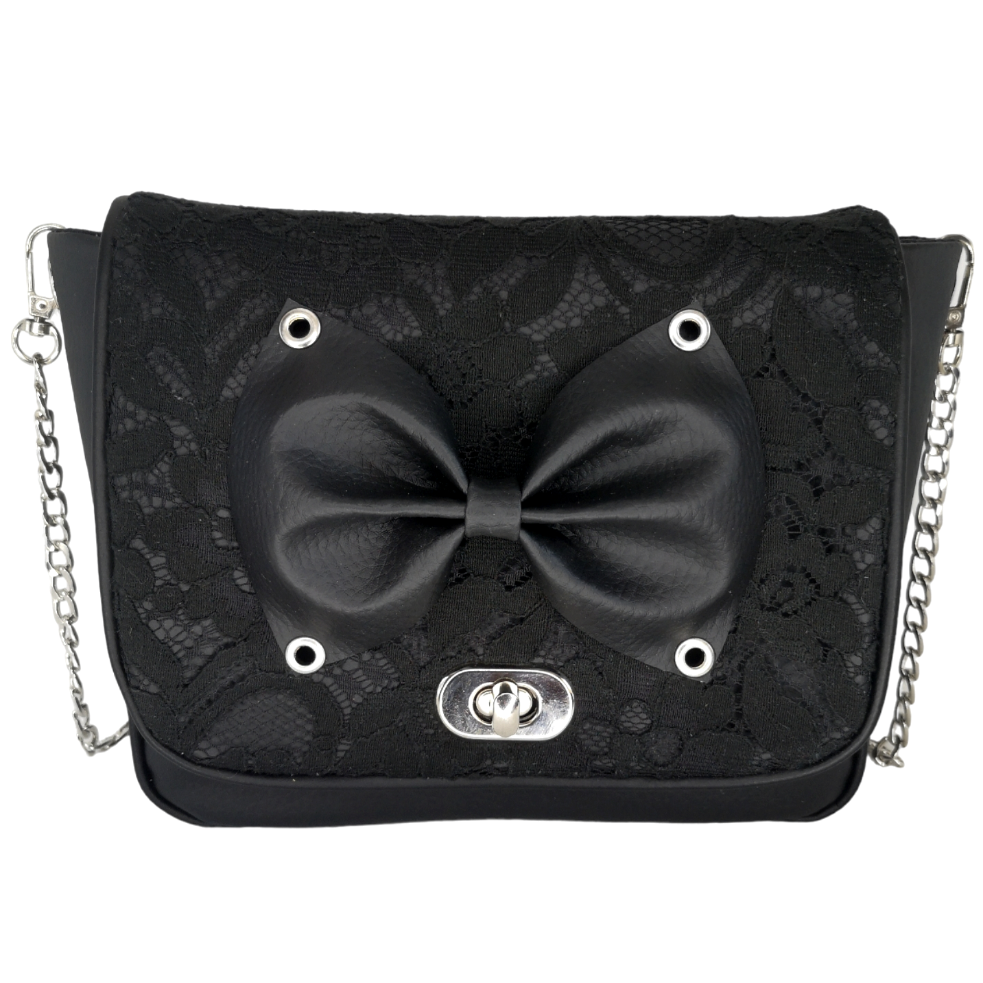 Sac à main bandoulière noir Bettie Black avec dentelle, nœud en simili cuir et chaîne argentée, style rockabilly fait main par Les RoQuettes.