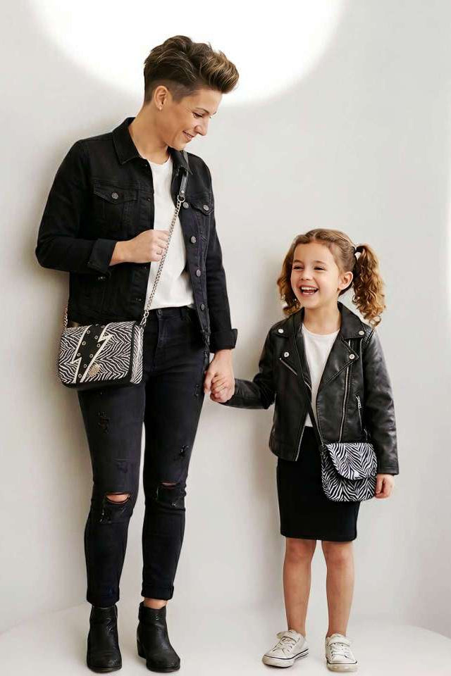 photographie style editorial motrant une femme et une jeune fille posant complice contre un mur. la femme porte un blouson en jean noir et un sac bandouliere de créateur artisanal les roquettes avec un rabat zebre noir et blanc et un grand eclair argent.la filette porte un veste perfecto et une pochette zebre.
L'ambiance est mode alternative rock et chic et urbain.