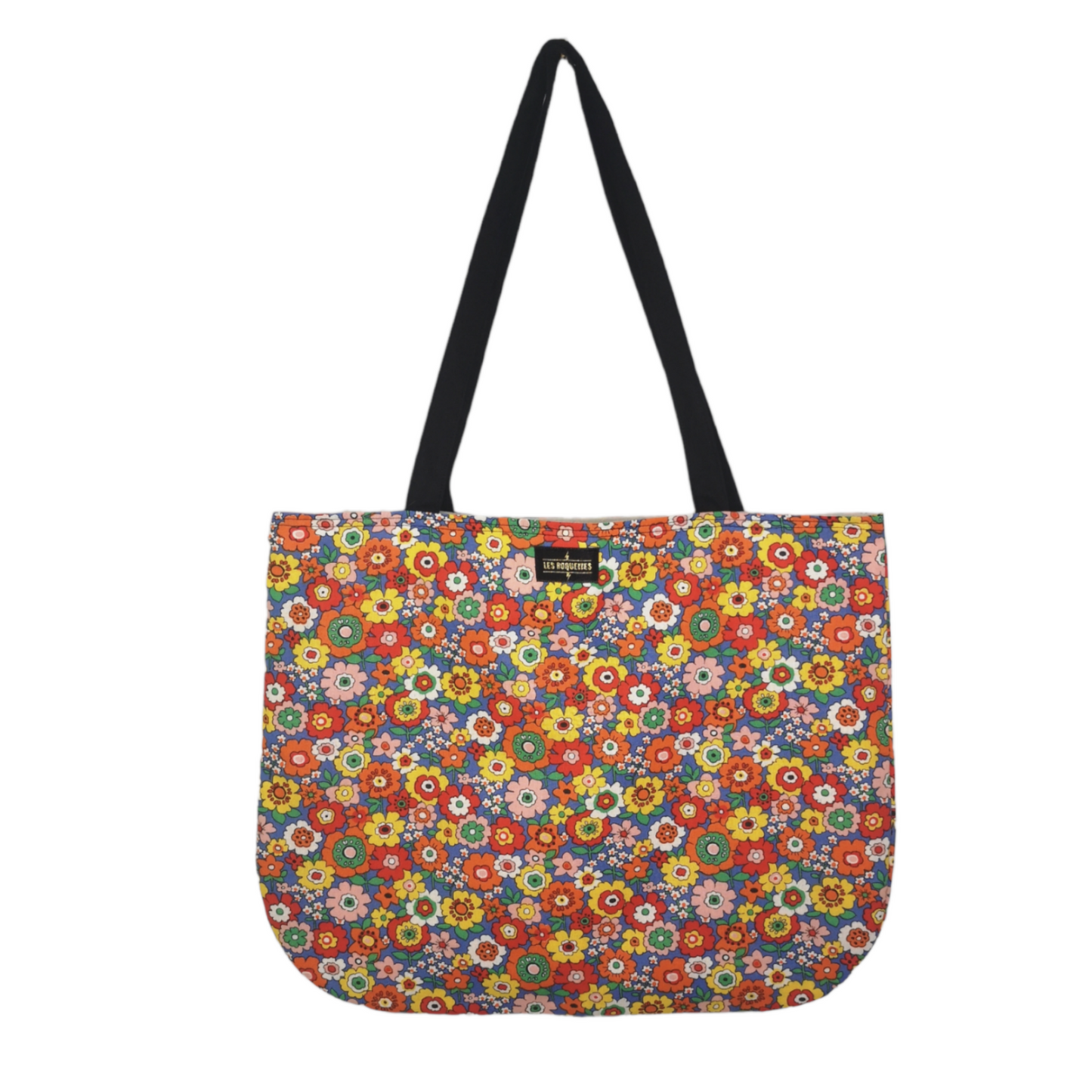 Grand tote bag Les RoQuettes  Modèle Flowers en tissu imprimé fleurs psychédéliques et doublure blanc cassé