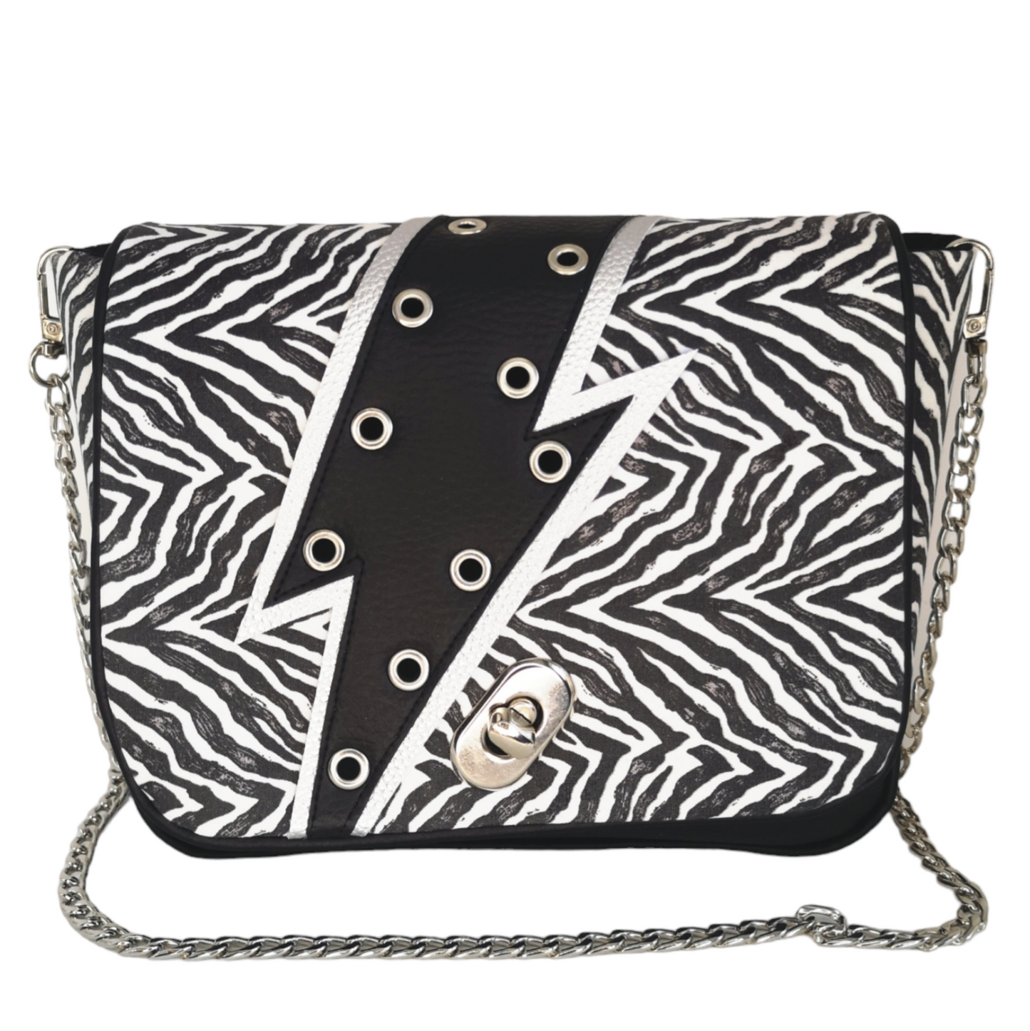 Sac à main bandoulière motif zèbre avec éclair noir rock et chaîne argentée Les RoQuettes.