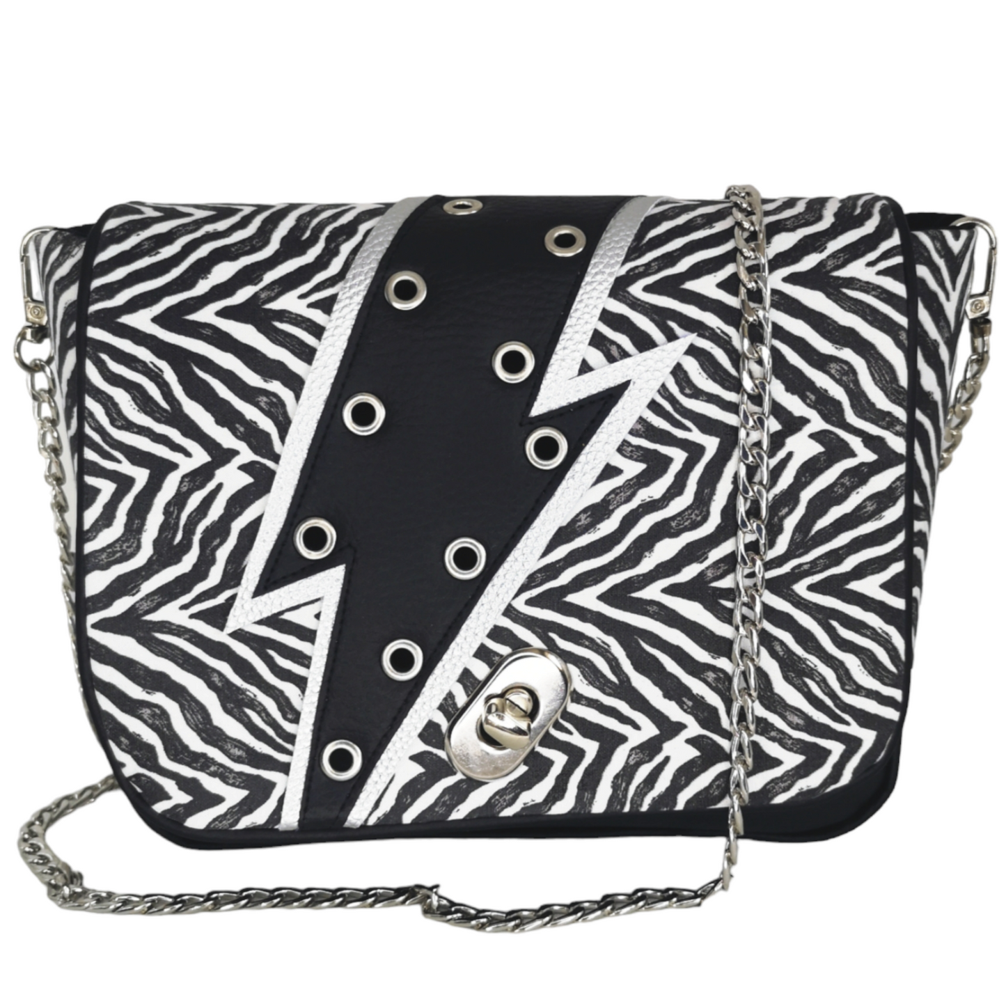 Sac à main bandoulière motif zèbre avec éclair noir rock et chaîne argentée Les RoQuettes.