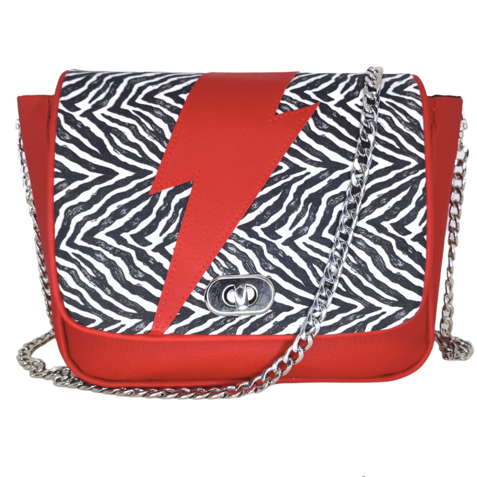 Sac à main bandoulière rock Les RoQuettes, modèle Bowie zébré noir et blanc avec éclair rouge et chaîne argentée.