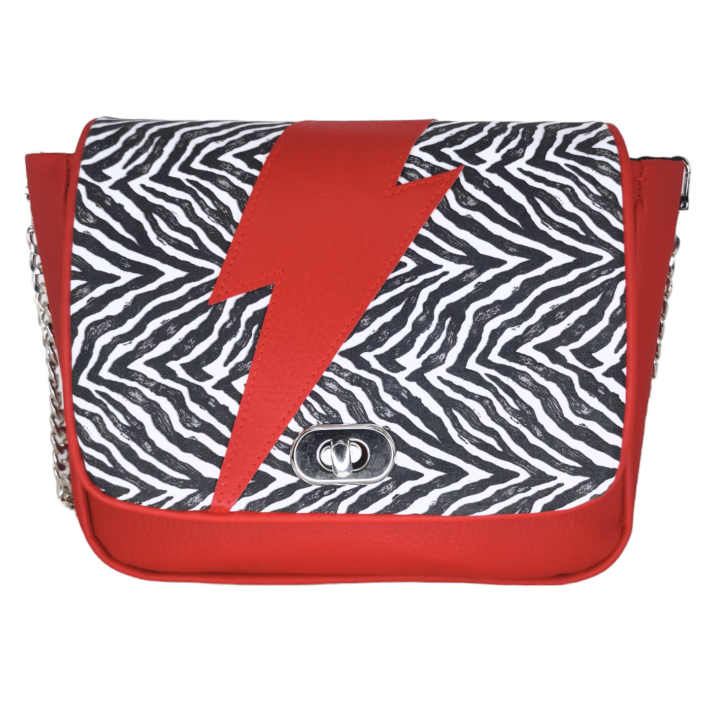 Sac à main bandoulière rock Les RoQuettes, modèle Bowie zébré noir et blanc avec éclair rouge et chaîne argentée.