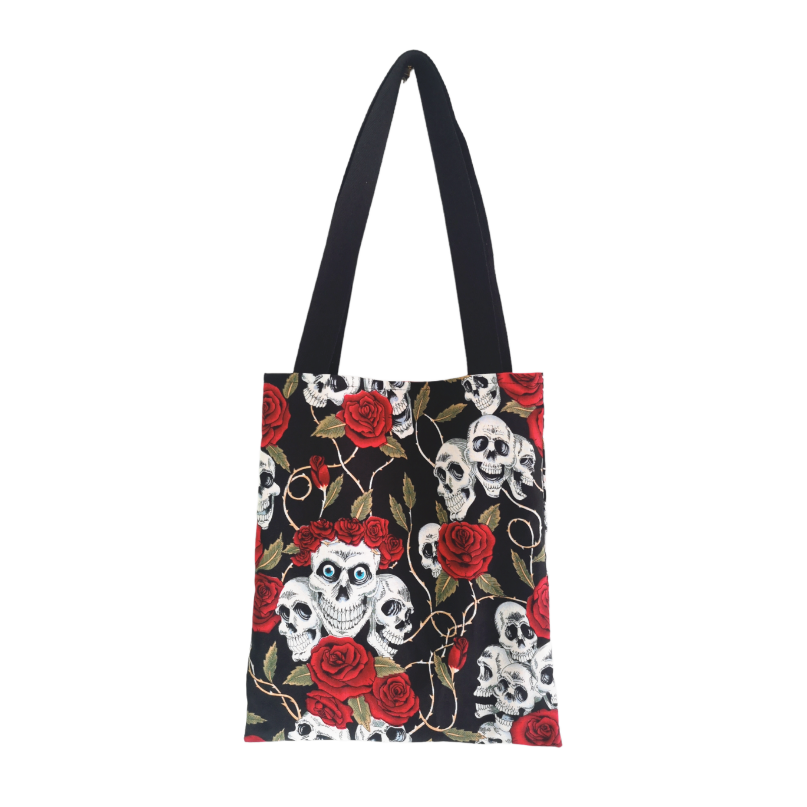 Petit tote bag en tissu Les RoQuettes.  Motif noir, têtes de mort et roses rouges.